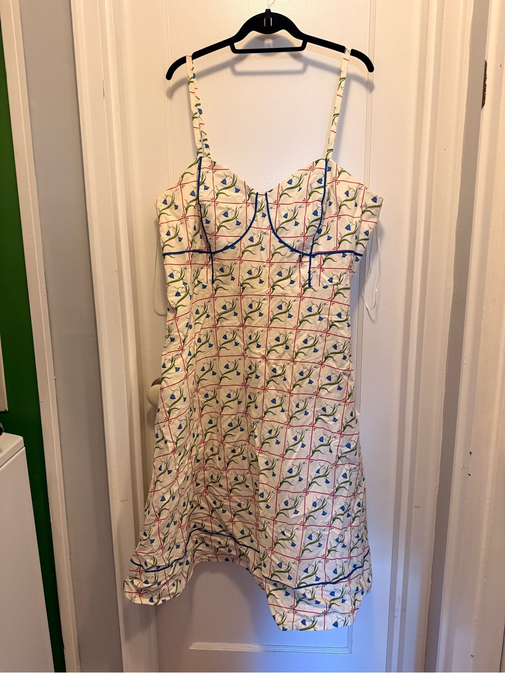 Rachel Antonoff Cream Sundress with Blue and Green Floral Grid